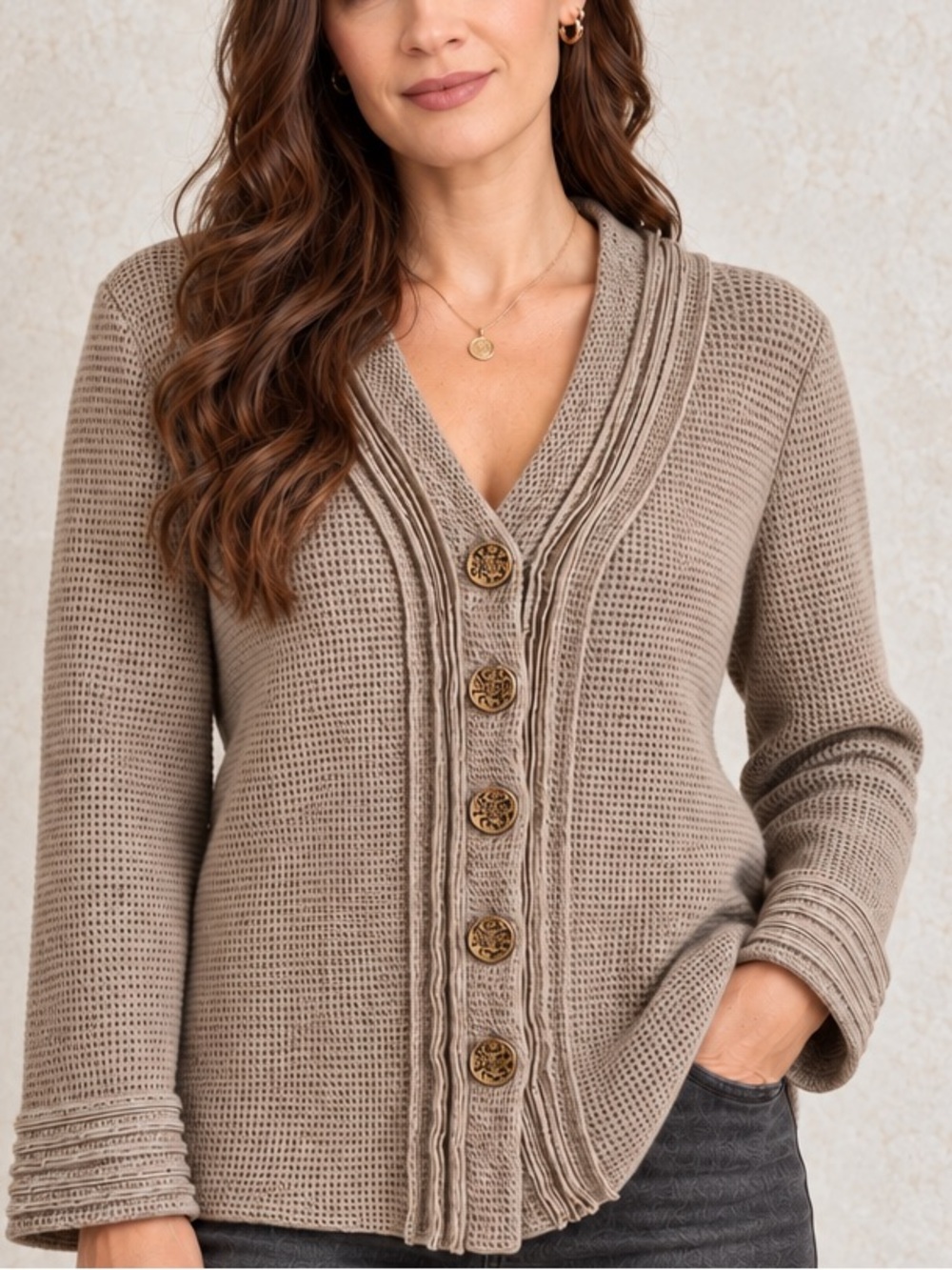 Lulu-B Medium Cotton Textured Cardigan Greige Ornate Buttons Boho